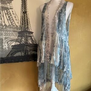 Boho Layered Lace-Trim Vest/Cardigan in Soft Blue & Cream